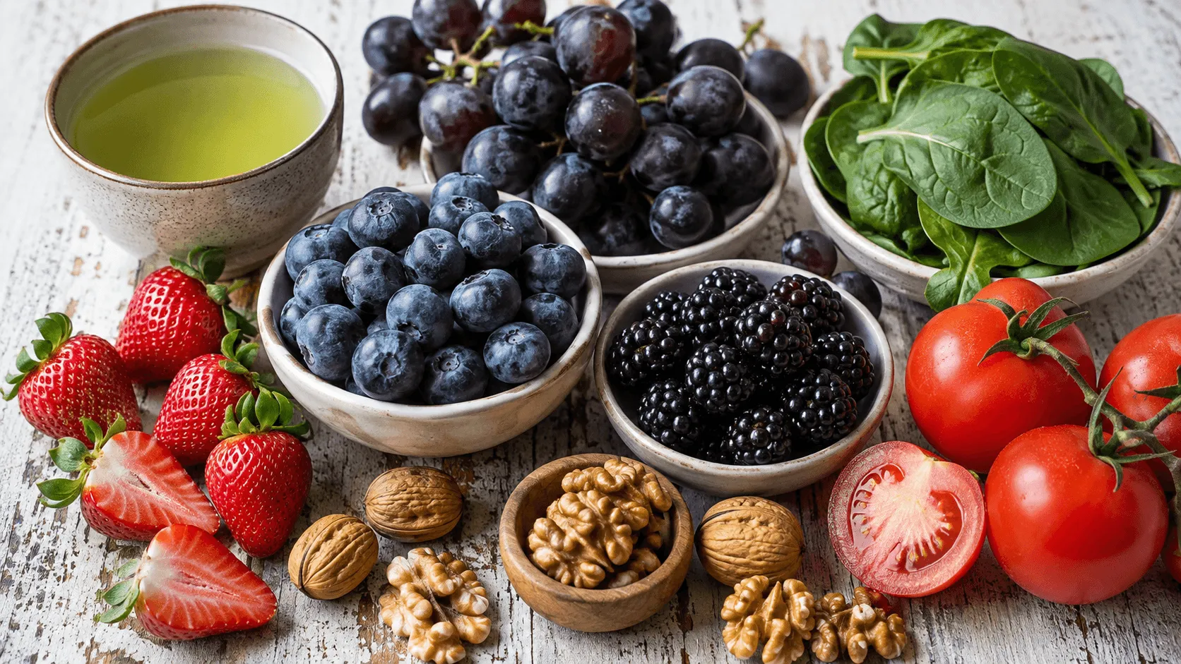 Antioxidant rich foods for skin including berries, green tea, grapes, spinach, and walnuts