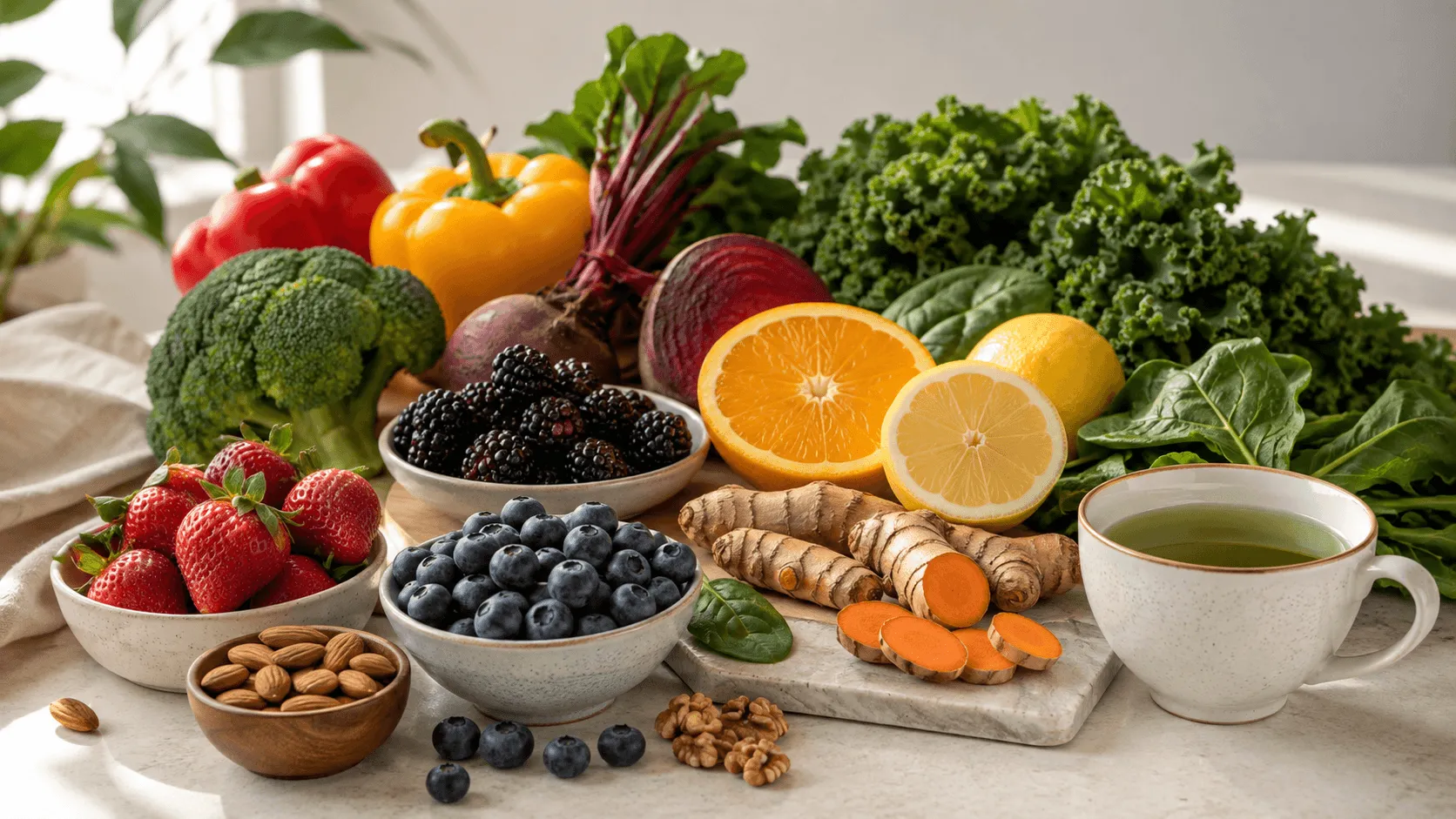 Antioxidant rich foods including berries, leafy greens, citrus, turmeric, and green tea representing support against oxidative stress
