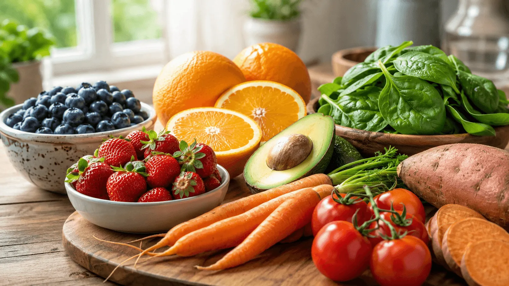 Fresh fruits and vegetables for healthy skin including berries, oranges, carrots, tomatoes, spinach, and avocado
