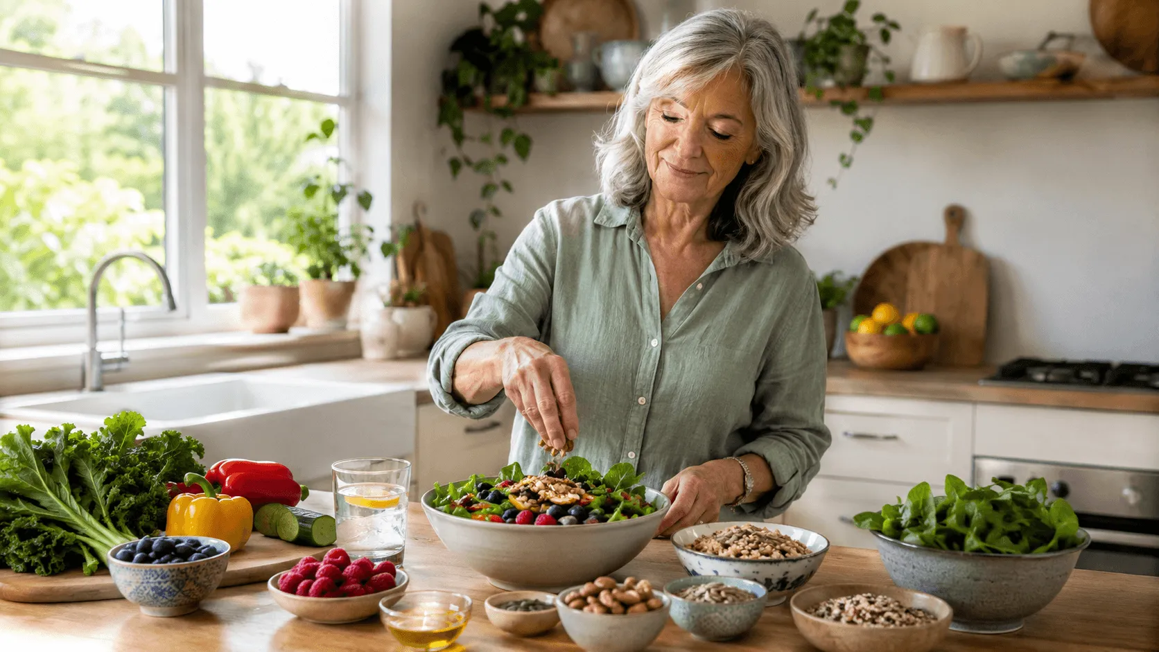 A mature woman preparing colorful whole foods that support healthy aging and everyday cellular wellness