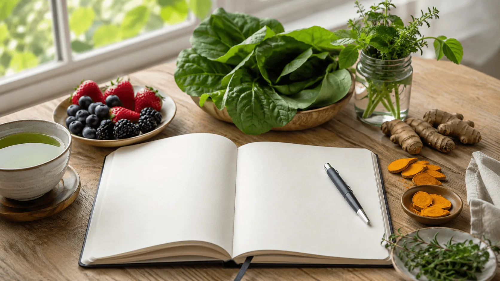 A calm wellness setting with healthy foods, herbs, and a notebook representing frequently asked questions about cellular health supplements