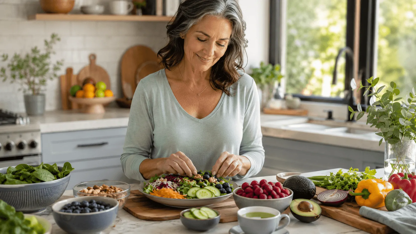 A healthy mature woman preparing colorful whole foods to support cellular health and healthy aging