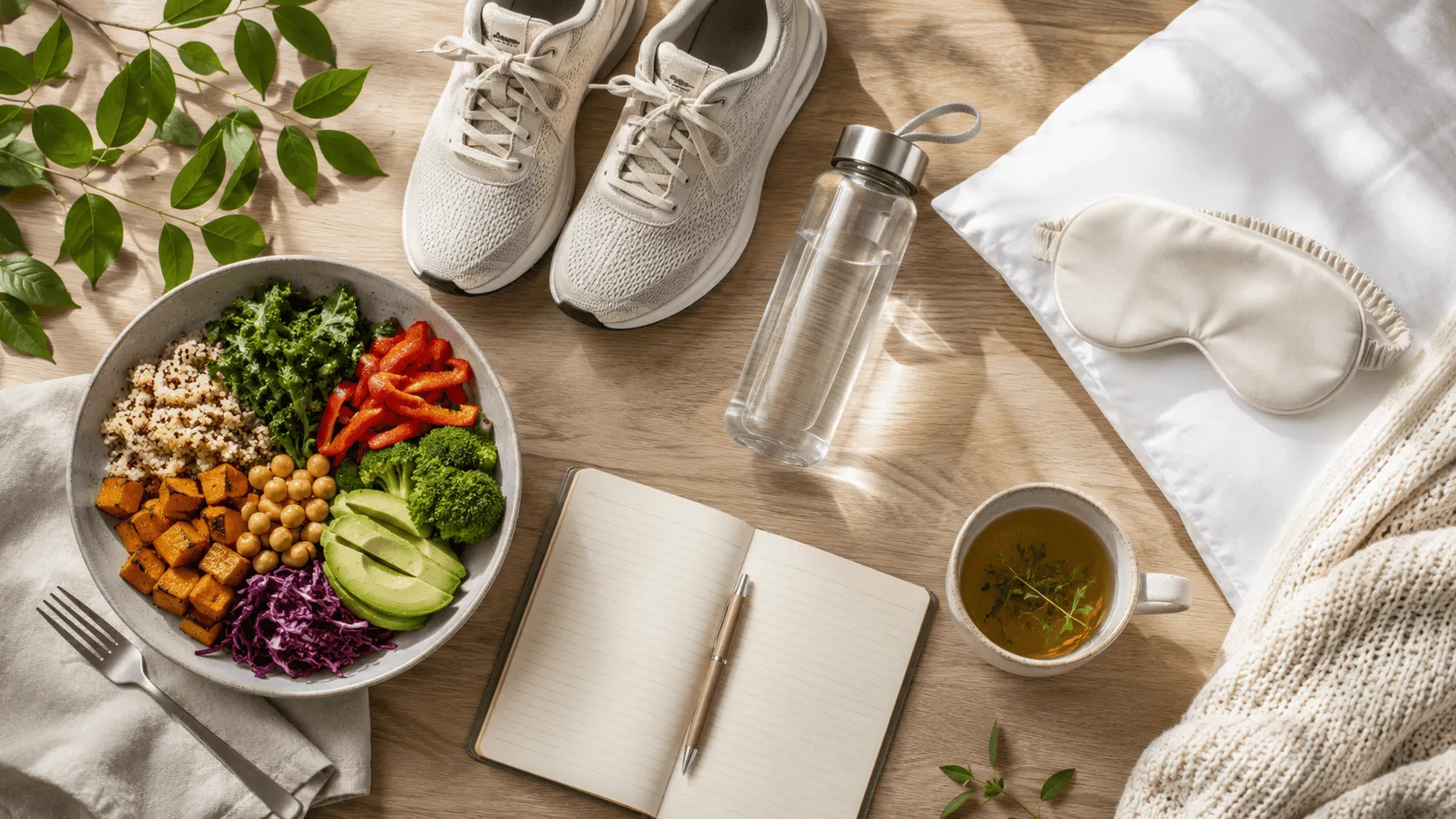 Walking shoes, healthy food, water, restful bedding, and a peaceful journal representing five foundations of cellular healthWalking shoes, healthy food, water, restful bedding, and a peaceful journal representing five foundations of cellular health