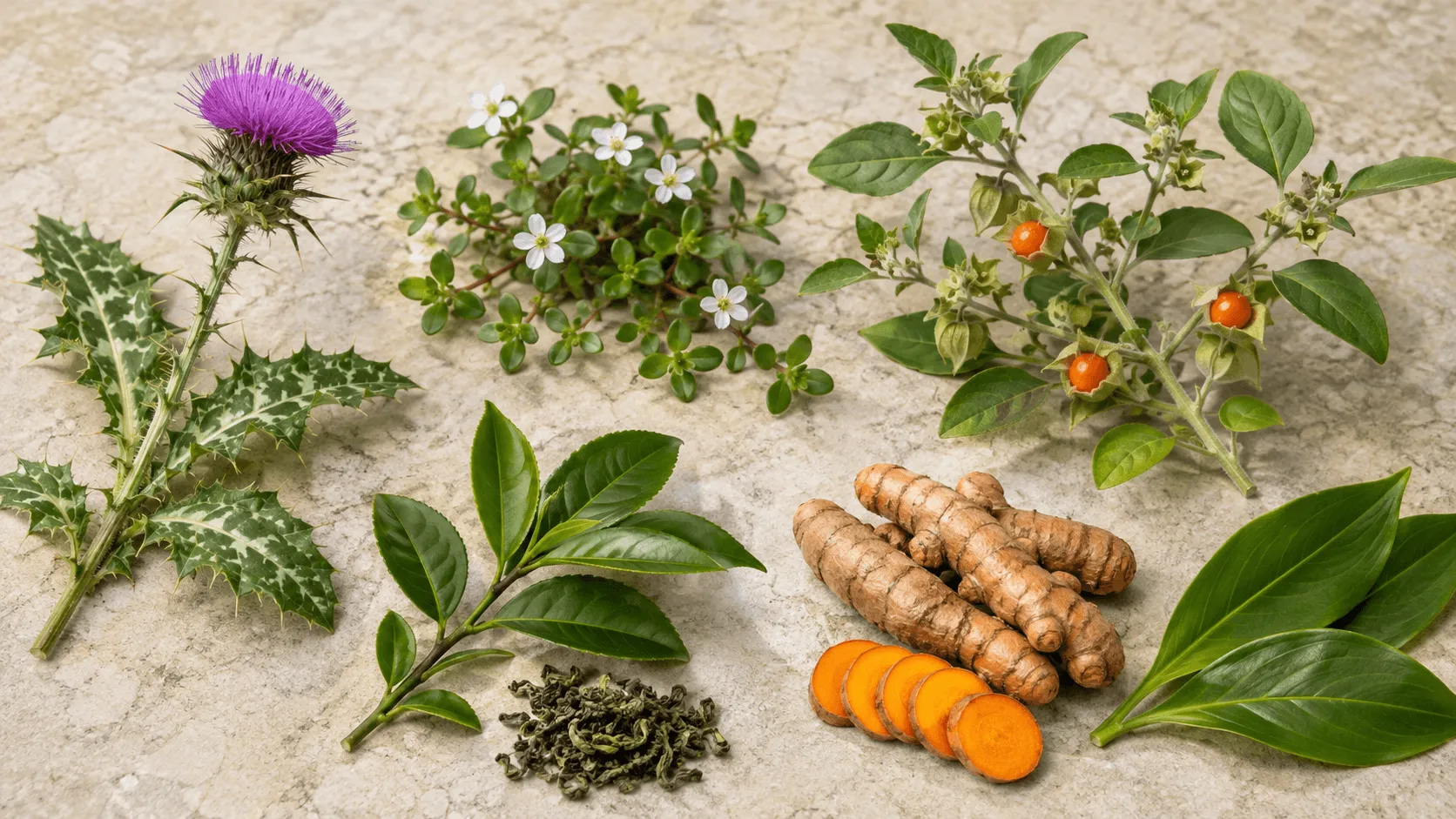 Milk thistle, bacopa, ashwagandha, green tea leaves, and turmeric arranged together as five complementary herbs