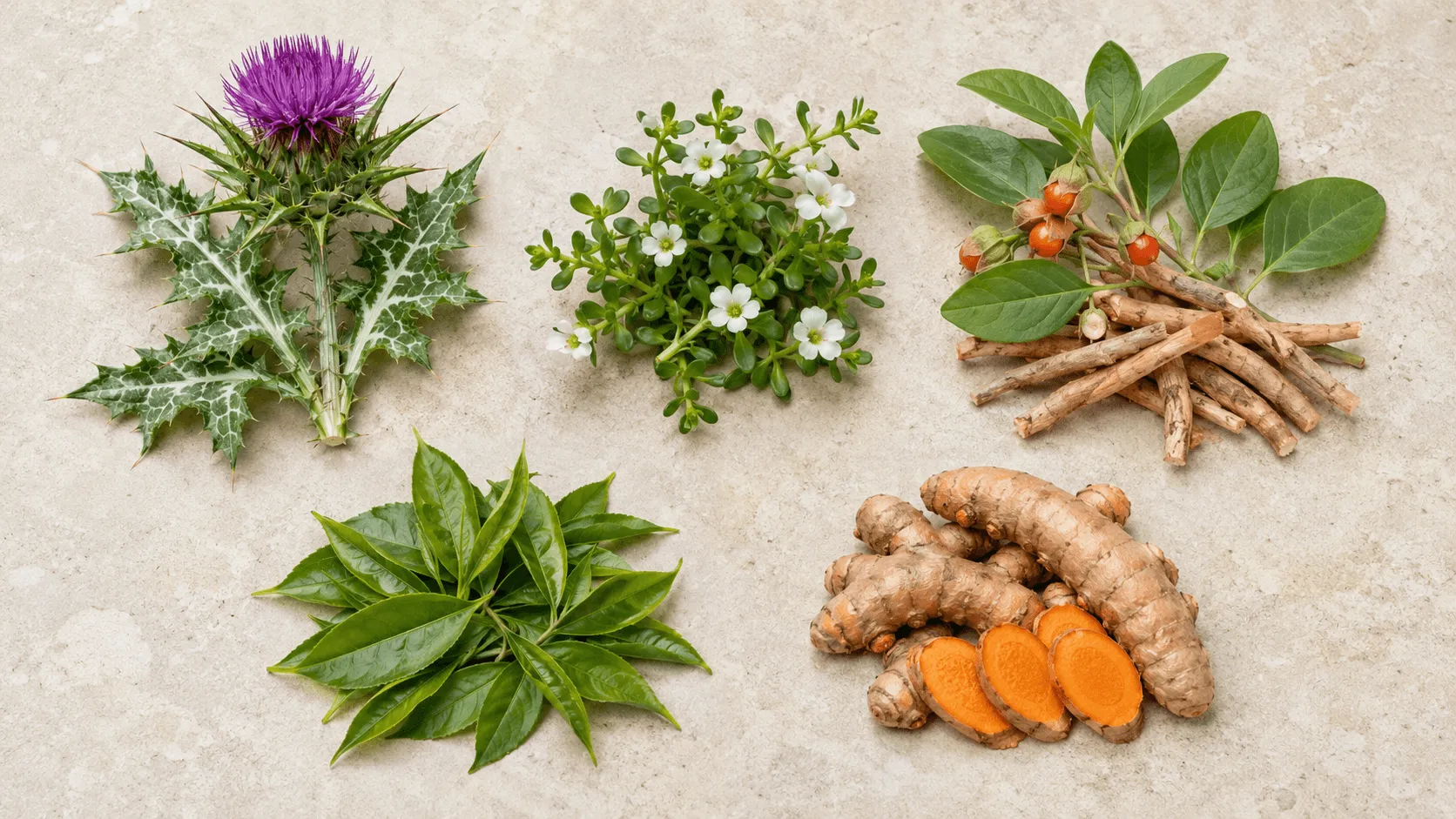 Milk thistle, bacopa, ashwagandha, green tea, and turmeric displayed as the five herbs in the Five Herb Formula