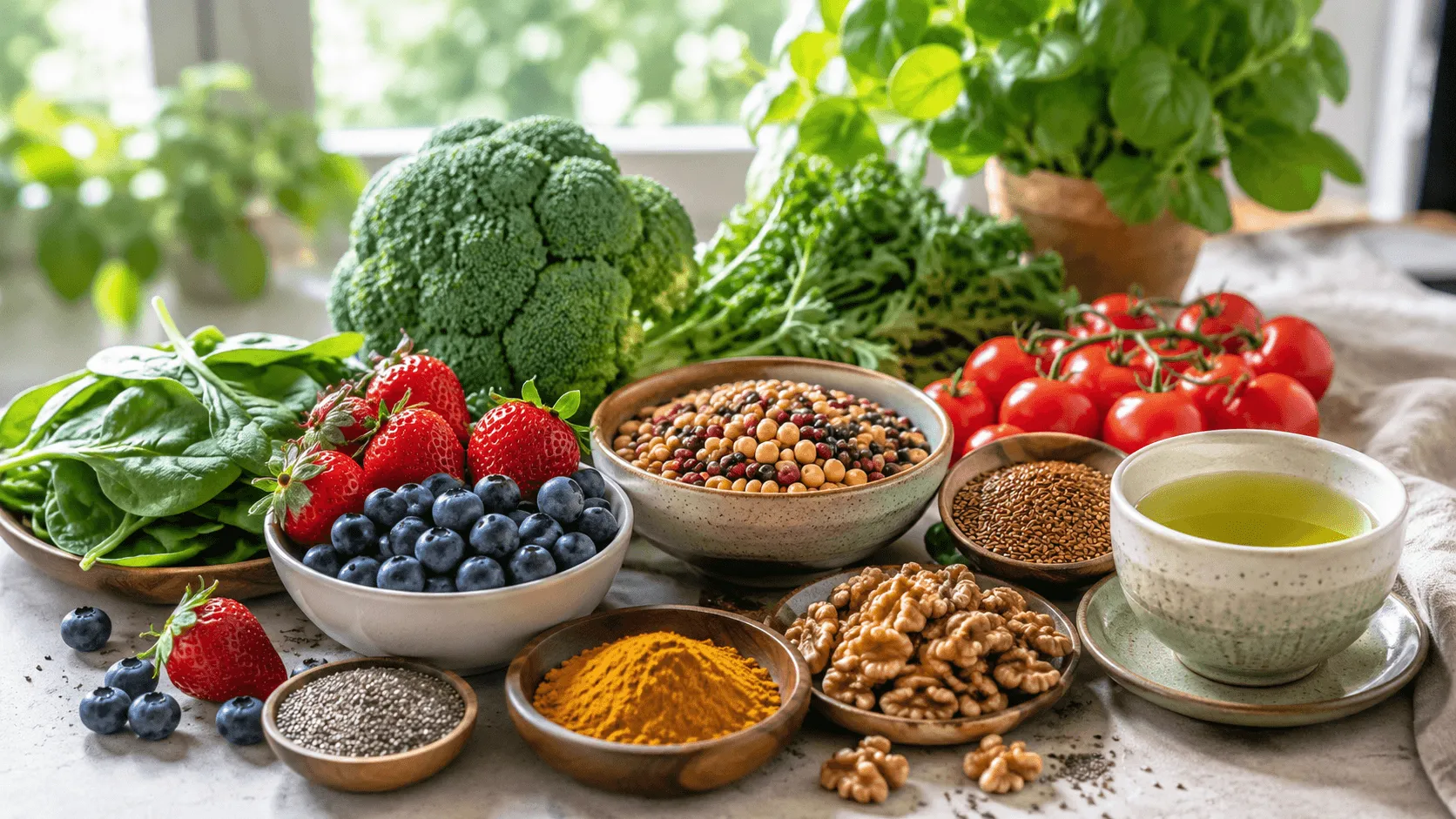 Antioxidant rich whole foods including berries, leafy greens, nuts, vegetables, turmeric, and green tea