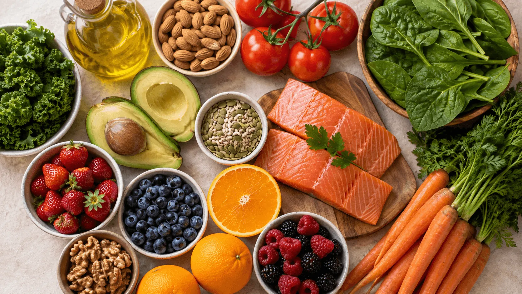 A colorful variety of whole foods for skin health including berries, leafy greens, avocado, salmon, nuts, and citrus