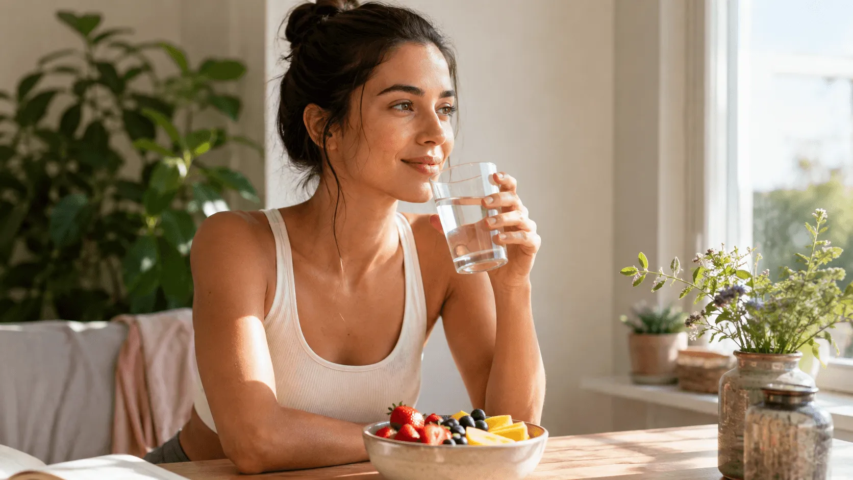 A healthy woman practicing simple skin friendly habits with nutritious food, water, and natural daylight
