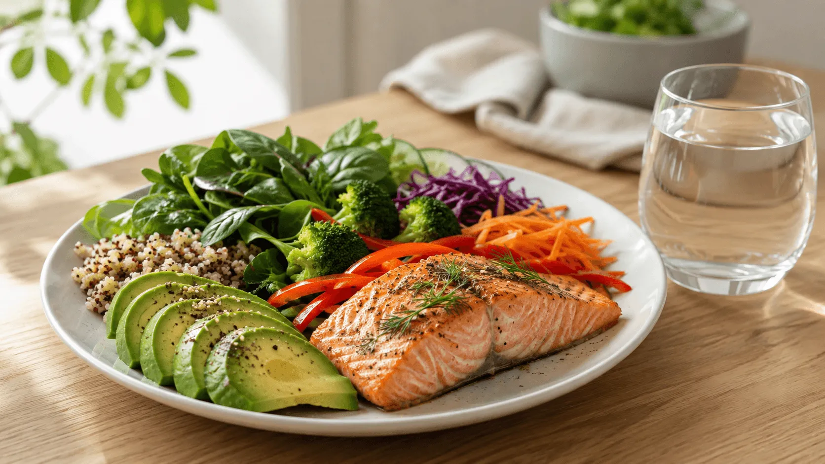 A balanced healthy meal with vegetables, salmon, avocado, and water representing skin health from within