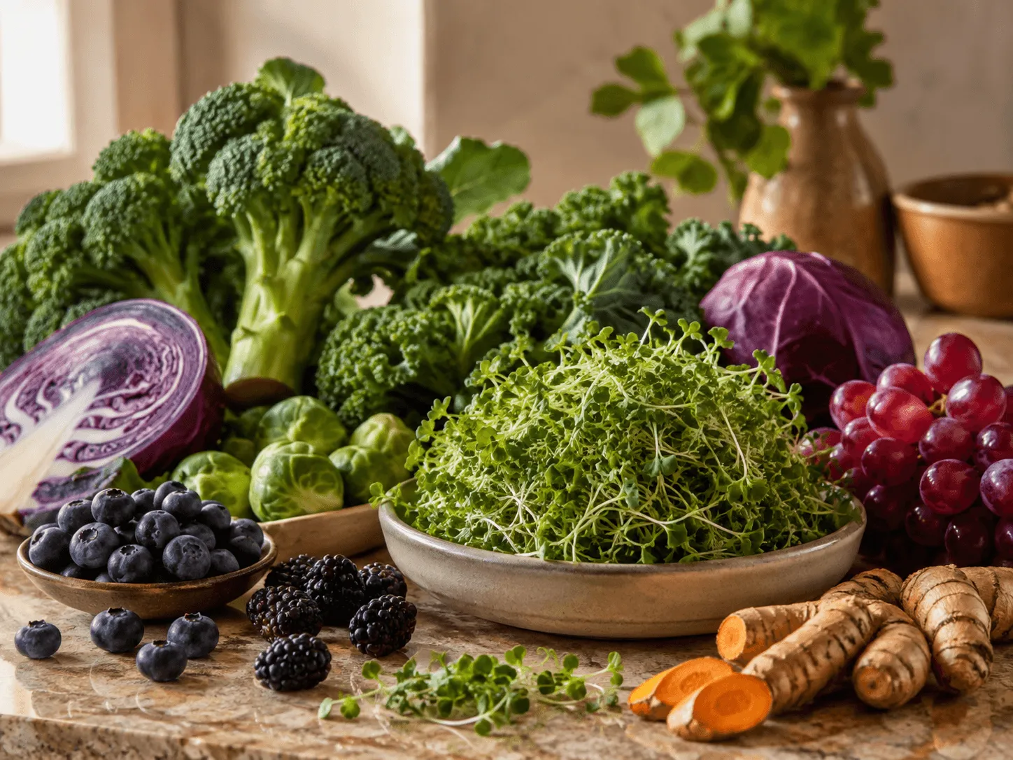 Broccoli sprouts, cruciferous vegetables, turmeric, berries and grapes associated with research on Nrf2 signaling.