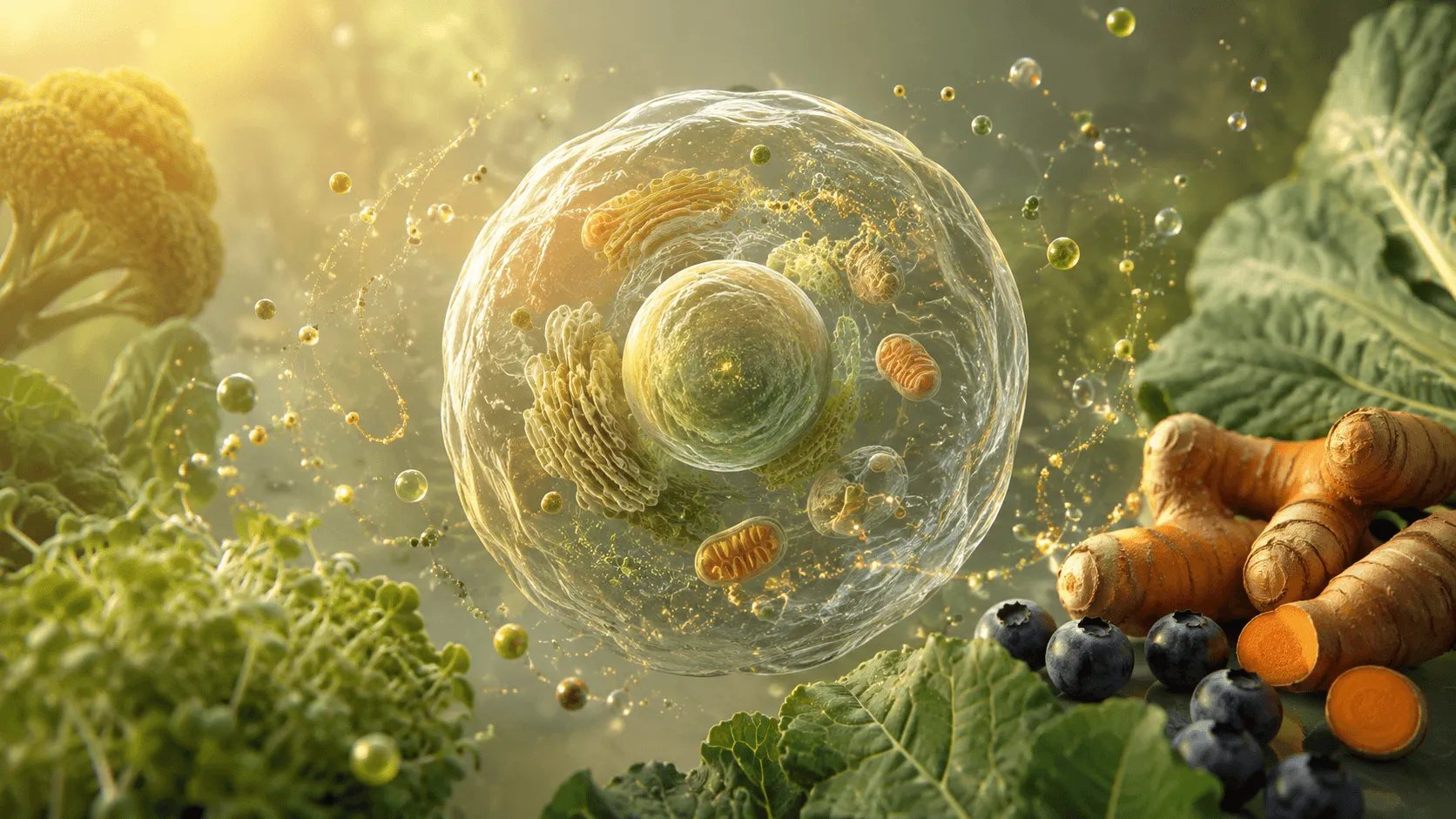 Conceptual illustration of a healthy cell surrounded by broccoli, turmeric, leafy greens and berries representing Nrf2 and cellular defense.