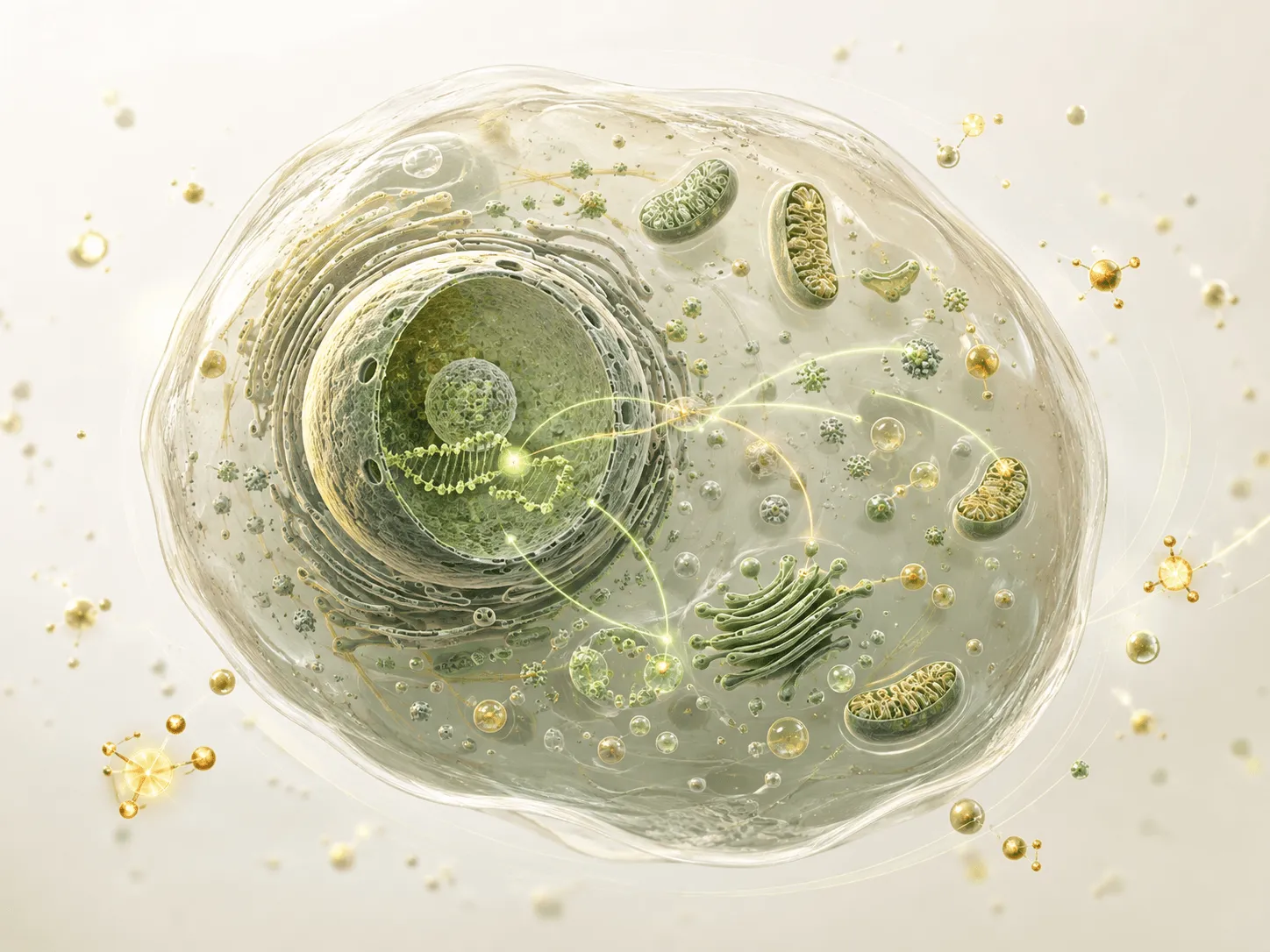 Conceptual cellular illustration showing the relationship between Nrf2, glutathione and antioxidant defense.