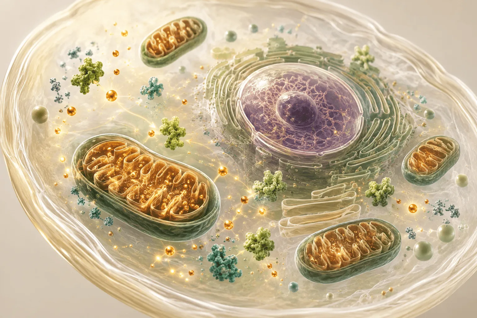 Conceptual illustration of mitochondria, reactive oxygen species and cellular antioxidant defense maintaining oxidative balance.