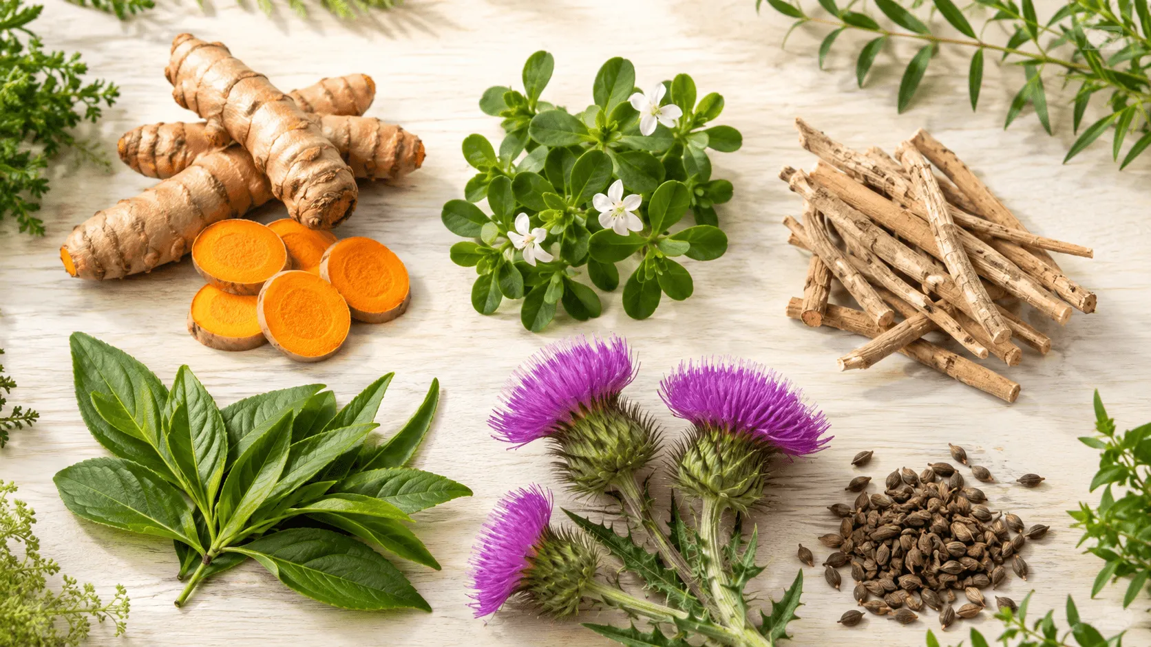Turmeric, bacopa, ashwagandha, green tea, and milk thistle representing the five botanical ingredients in Protandim Nrf2