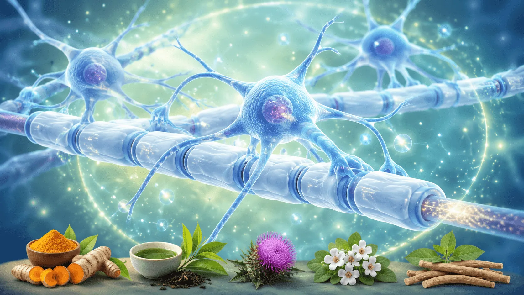Scientific illustration of oligodendrocyte cells and myelin representing Protandim oxidative stress research