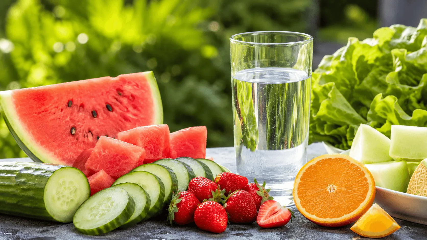 A refreshing display of water and hydrating foods including cucumber, watermelon, strawberries, and oranges