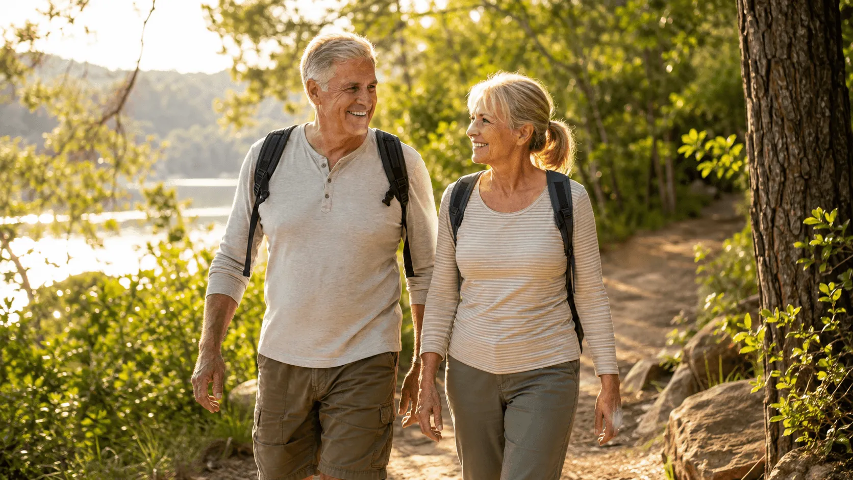 A healthy mature couple walking outdoors as part of a natural lifestyle supporting cellular health