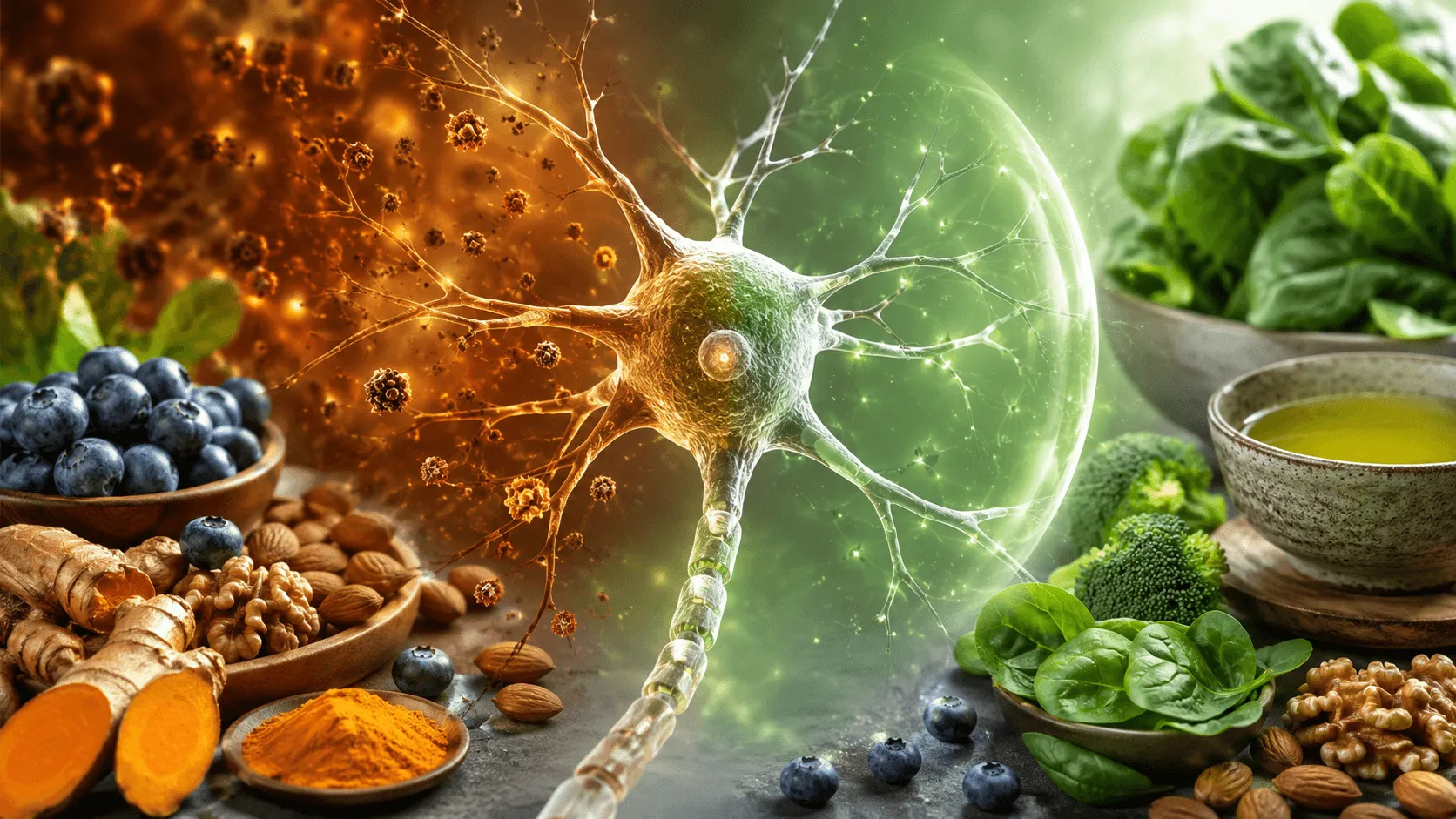 Oxidative stress and antioxidant protection illustrated with a healthy nerve cell, free radicals, and antioxidant rich foods