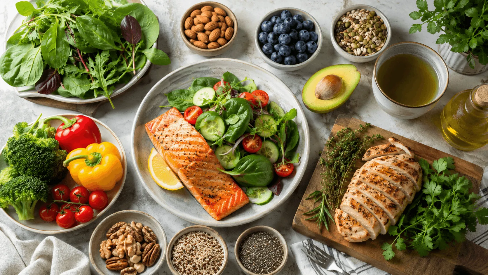 A balanced whole food meal with vegetables, berries, nuts, healthy fats, and green tea supporting cellular health